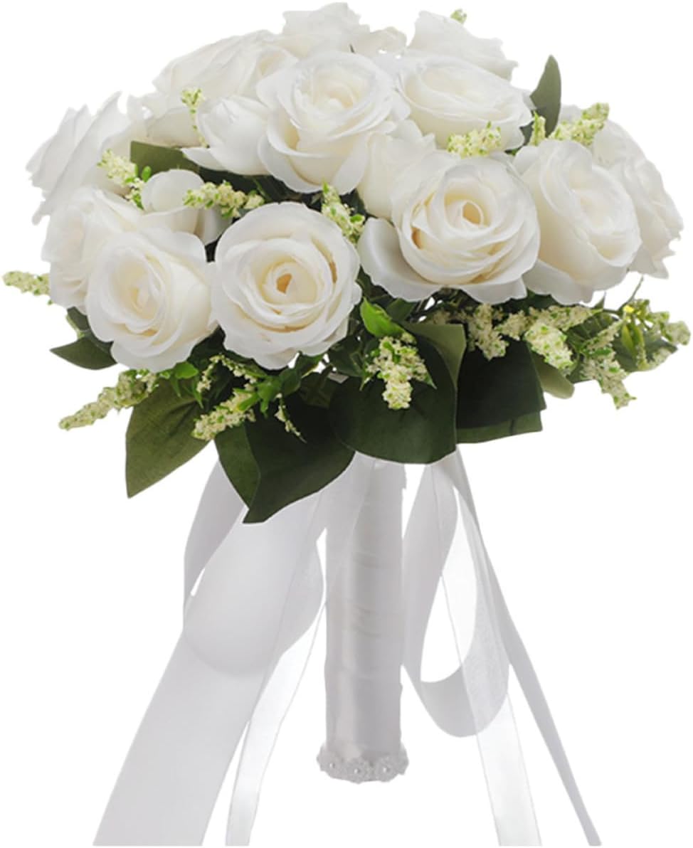 Weißer Seidenbrautstrauß Mit Perlen, Elegante Hochzeitsdekoration, Dekorativer Effekt Einer Braut Mit Blumen Bei Feiern