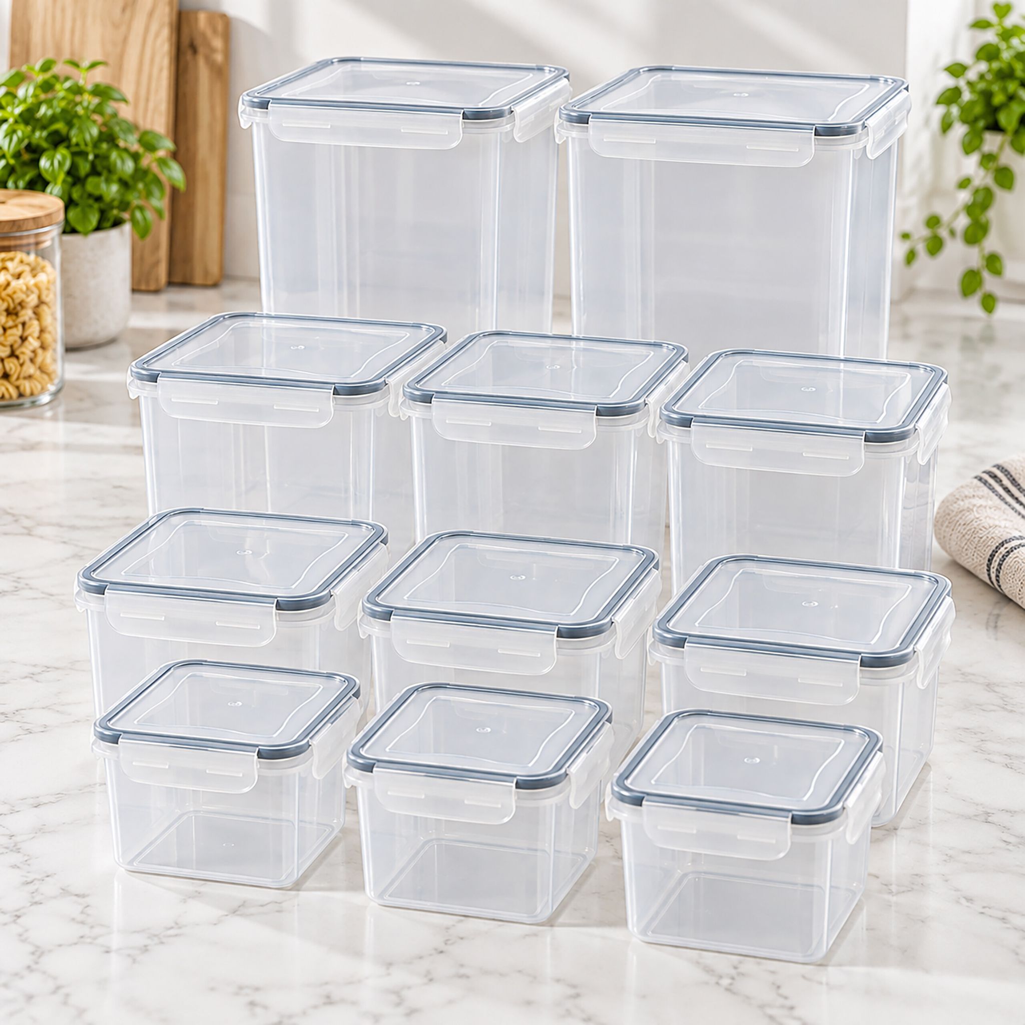 Relaxdays Vorratsdosen, 11er Set, Mehrere Größen, Luftdichter Klickdeckel, Etiketten, Lebensmittelbehälter, Transparent