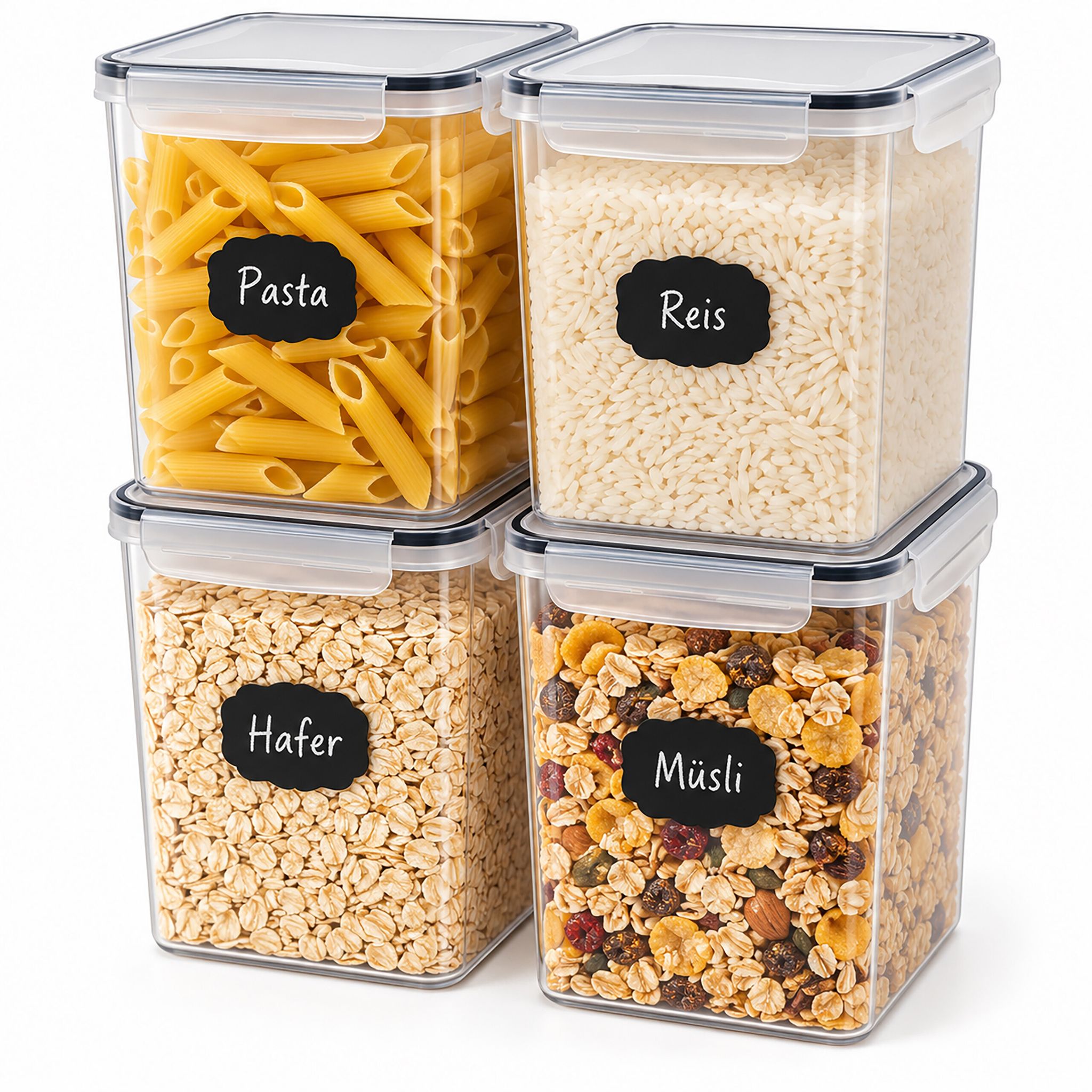 Relaxdays Vorratsdosen, 4er Set, 5,2 L, Luftdichter Deckel, Klickverschluss, Etiketten, Frischhaltedosen, Transparent