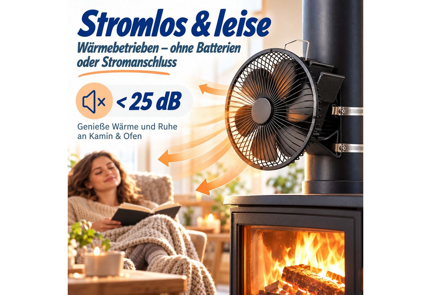 Relaxdays Kaminventilator Schutzgitter, Ofenrohr, Ohne Strom, 6 Blätter, Hbt 19x17x19cm, Inkl. Schellen, Alu, Schwarz Bild 2