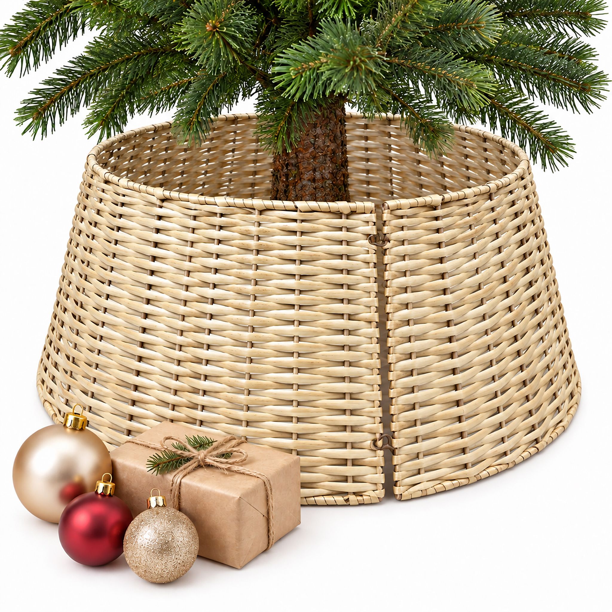 Relaxdays Weihnachtsbaumrock, Ø 60 Cm, Weihnachtsbaumständer Abdeckung, Weidengeflecht, Rattan-optik, Baumkragen, Natur