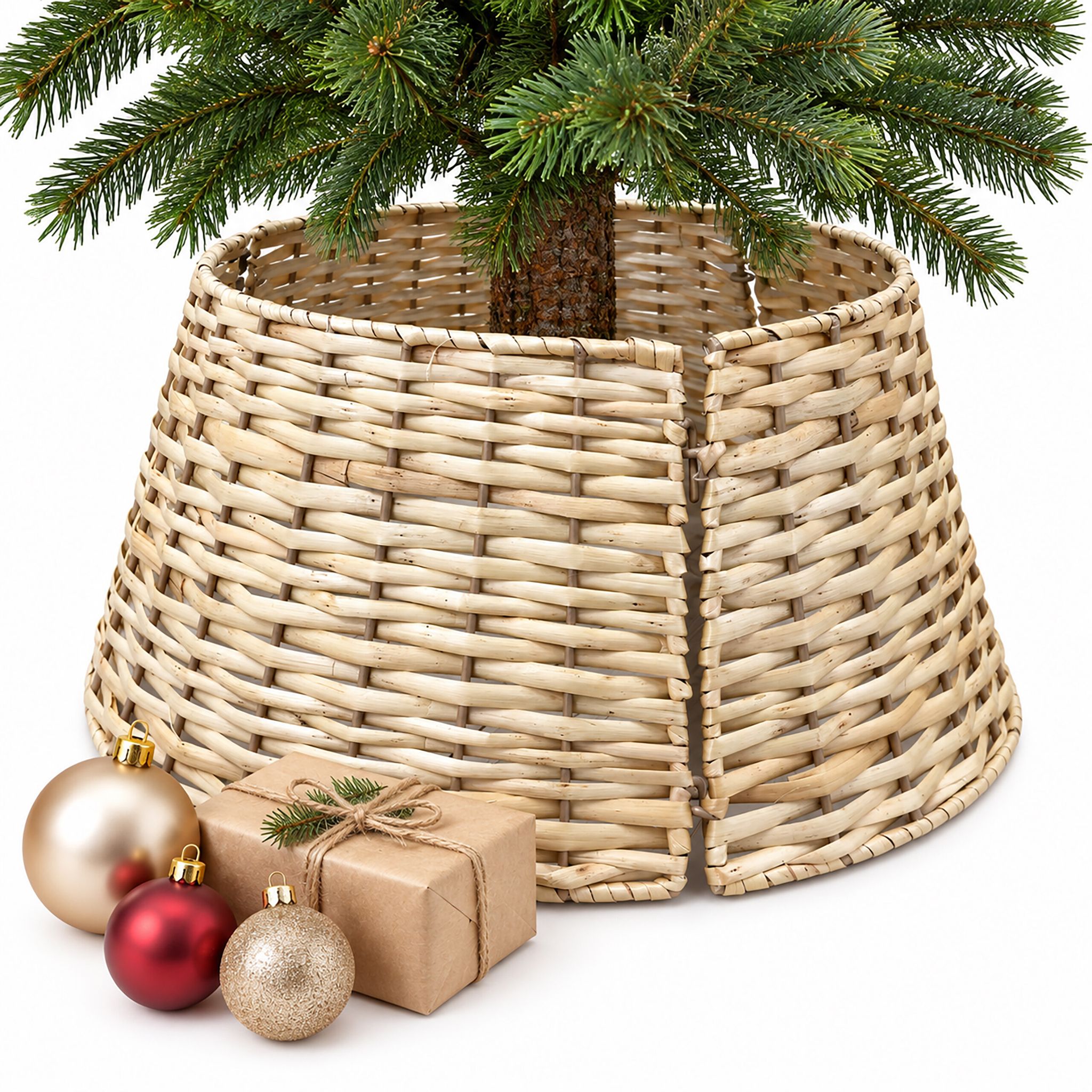Relaxdays Weihnachtsbaumrock, Ø 50 Cm, Weihnachtsbaumständer Abdeckung, Weidengeflecht, Rattan-optik, Baumkragen, Natur