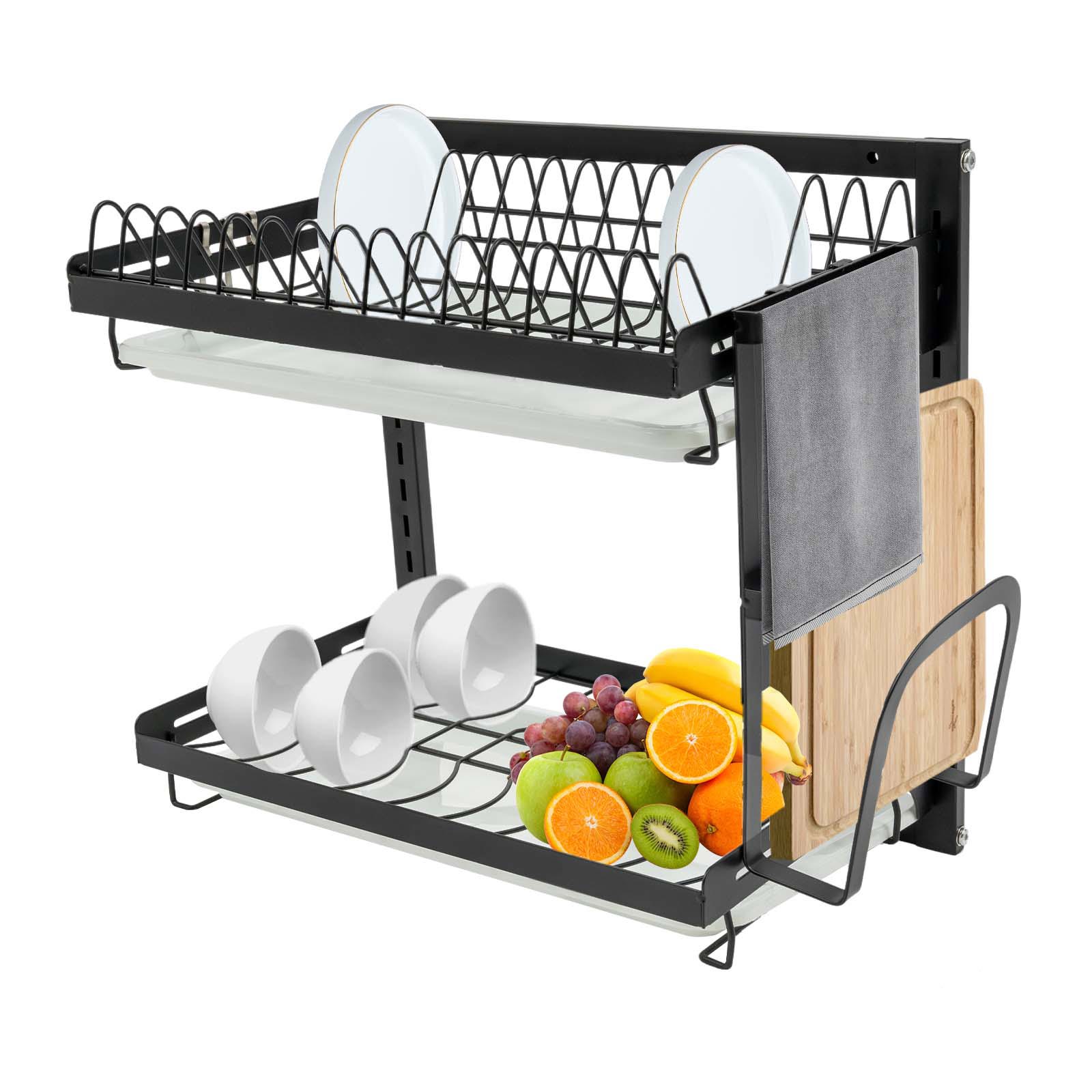 Zweistufiges Wandabtropfgestell Aus Edelstahl Mit Obst- Und Gemüsekorb, Auffangschale, Aufhängestangen, Gitter, Messerhalter Und Utensilienhalter