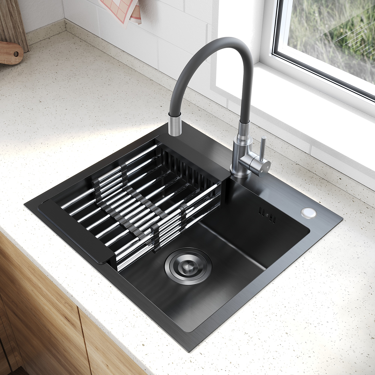 Sonni Küchenspülen-set Mit Einzelbecken, Schwenkbarer Armatur Und Ausziehbarer Abtropffläche, Schwarzer Edelstahl, 500 × 450 × 200 Mm