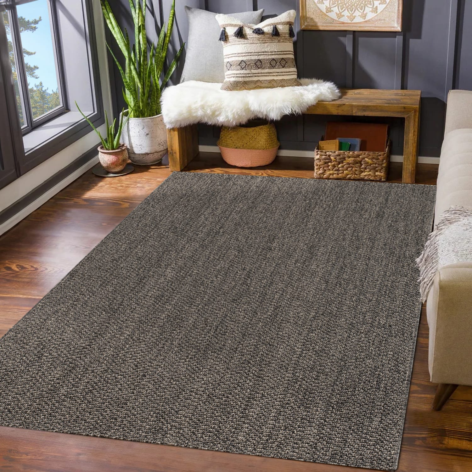 Teppich Garten Wetterfest Wohnzimmer Boho Natürliche Farben Struktur Jute Optik 120 Cm X 160 Cm X 11 Mm Anthrazit Rechteckig