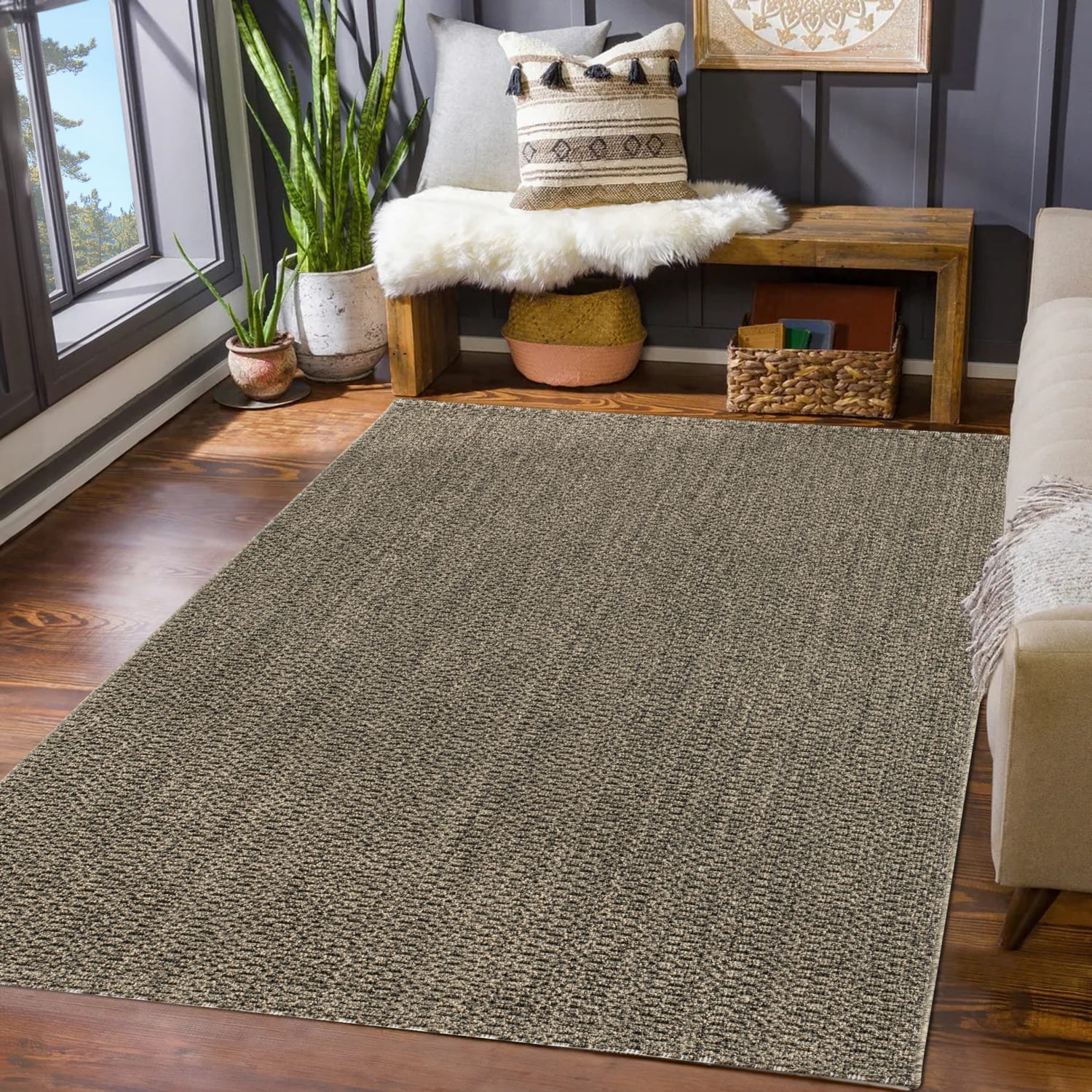Teppich Garten Wetterfest Wohnzimmer Boho Natürliche Farben Struktur Jute Optik 200 Cm X 280 Cm X 11 Mm Grün Rechteckig