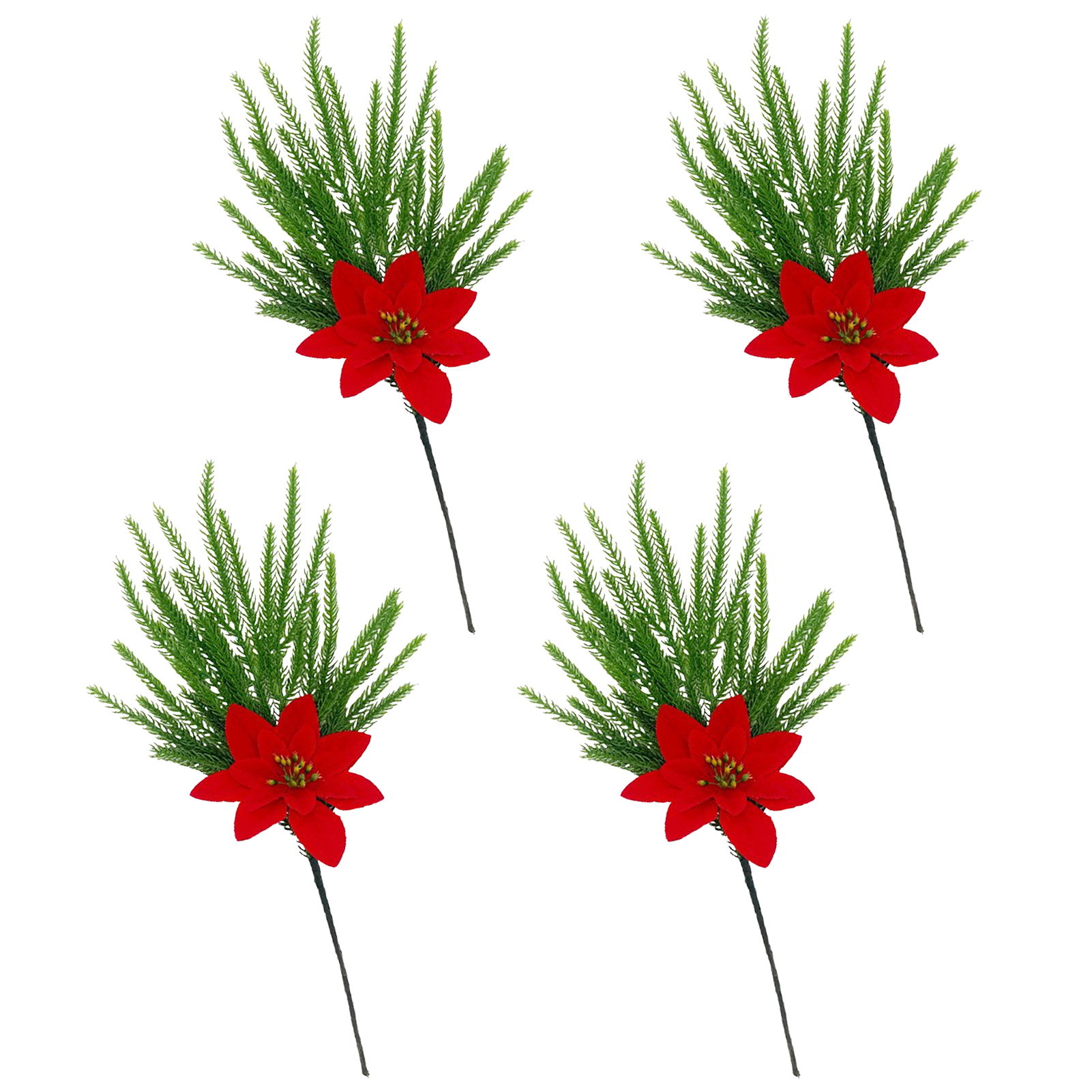 (4 Stiele Pro Los) (hellgrüner Und Roter Weihnachtsstern A10266) 4 Künstliche, Einstielige Weihnachtsstern-stecklinge Der Norfolk-kiefer, Handgerollt, Für Weihnachts- Und Neujahrsdekorationen.