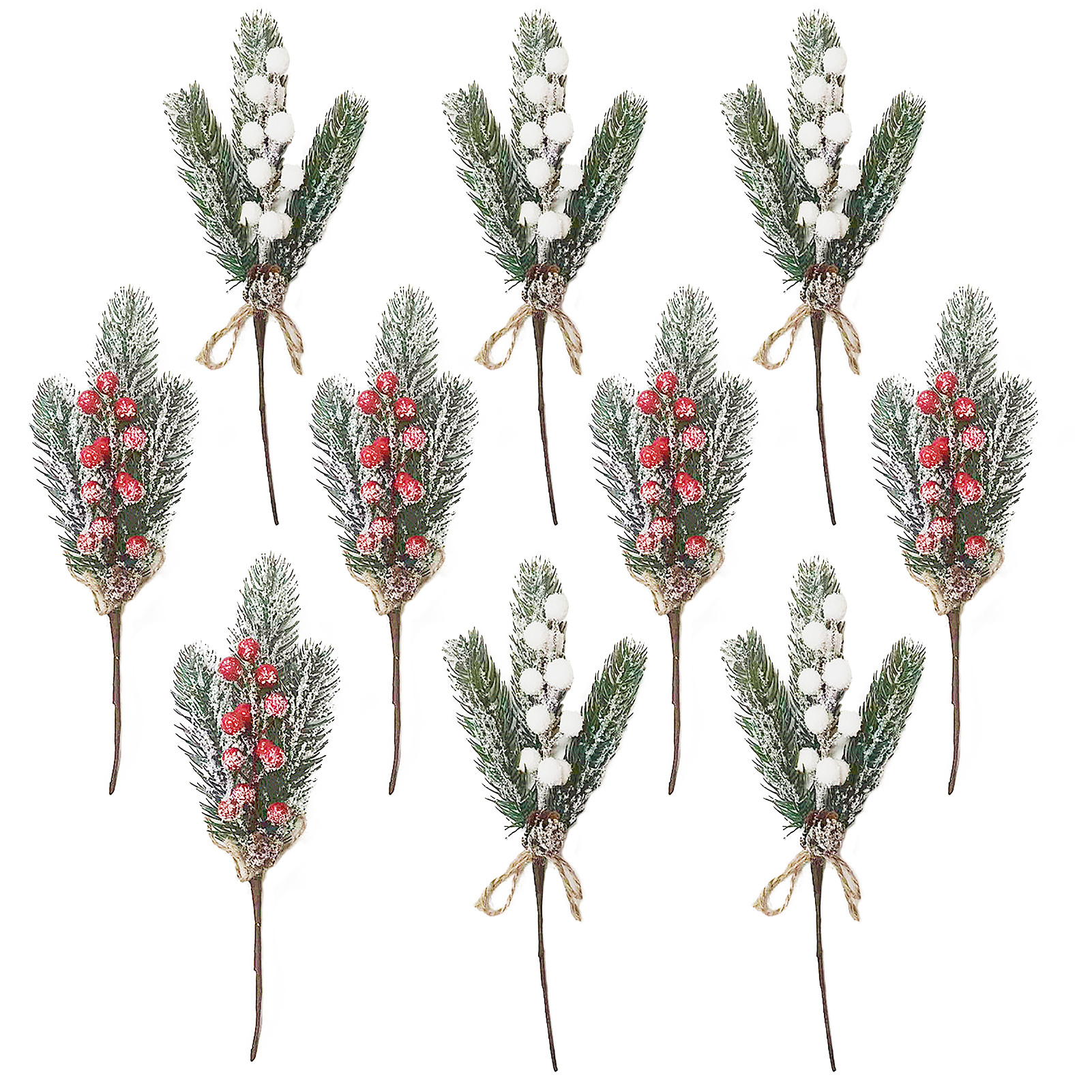 (5 Rote Beeren + 5 Weiße Beeren) 10-teiliges Weihnachtsstrauß-set Mit Amazonas-kiefernzweigen, Frostigen Schneebeeren, Hanfseilknoten Und Schalen (rote Beeren + Weiße Beeren)