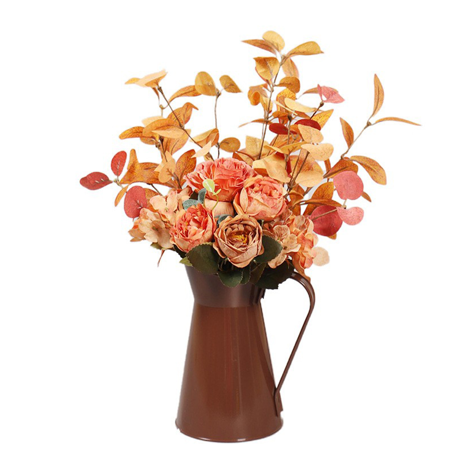 (blume In Einem Zinkeimer Mit Eukalyptusrose) Künstliche Rosenornamente In Herbstfarben, Zweigeinsätze, Künstliche Topfblumen Für Thanksgiving, Florale Kunst Aus Schmiedeeisen.
