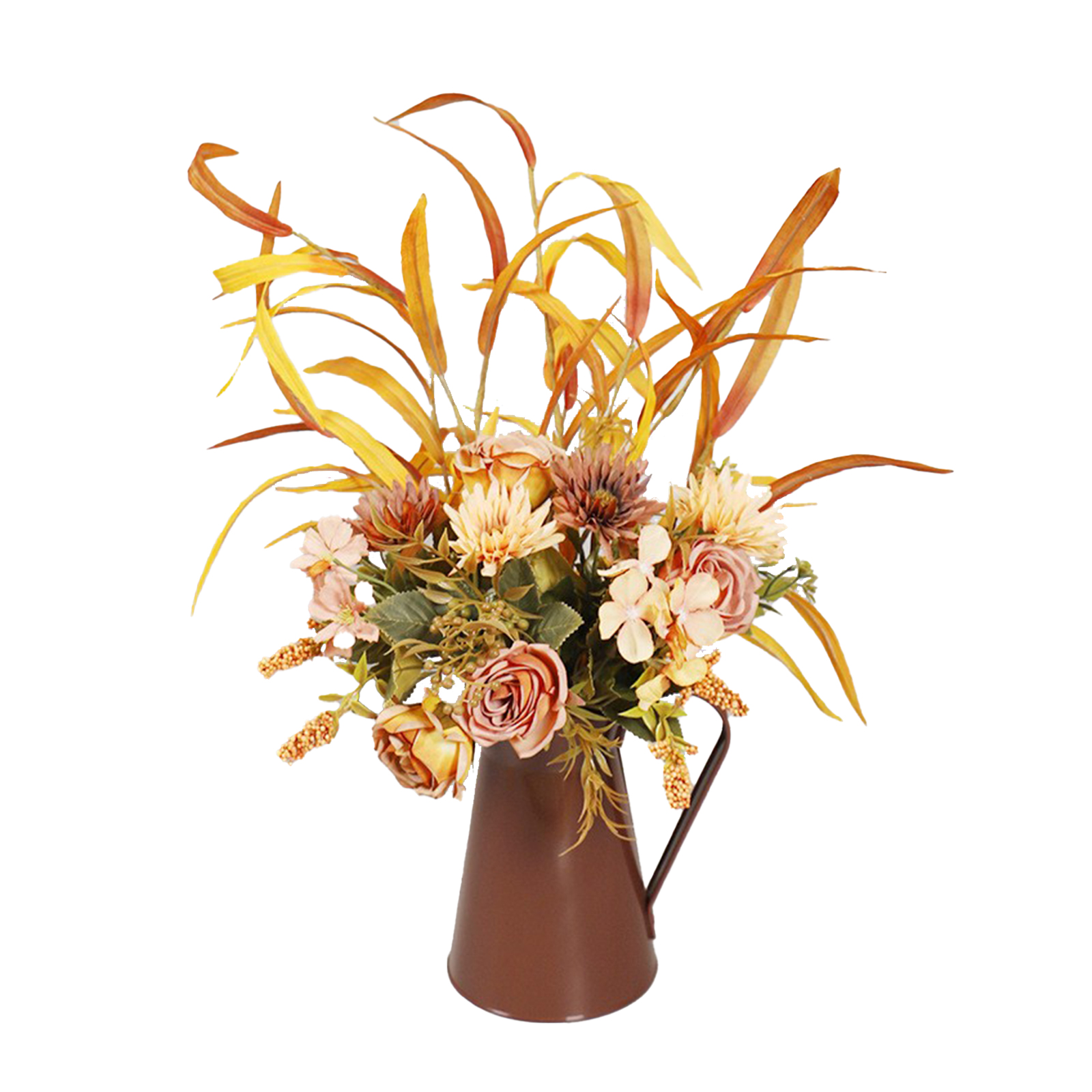 (blumenarrangement Im Eiseneimer „weidenlaubnebel Und Regen“ Mit Rose) Herbstfarben Im Eiseneimer, Künstliche Rose, Zweig Zum Hineinstecken, Topfpflanze Für Thanksgiving, Florale Kunst Aus Schmiedeeis