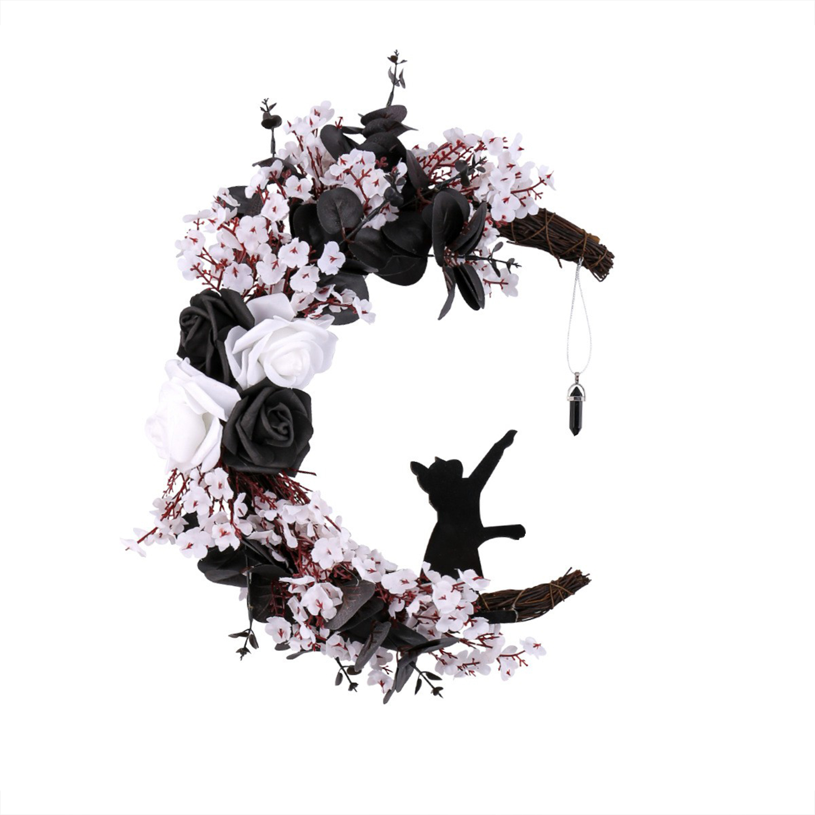(den Beutel Etwas Fester Zuziehen) Halloween-blumenkranz Mit Weißen Blüten, Schwarzen Rosen, Getrockneten Zweigen, Mond Und Katze, Runde Rattan-fensterdekoration, Die Einen Geist Darstellt (kunden Müs