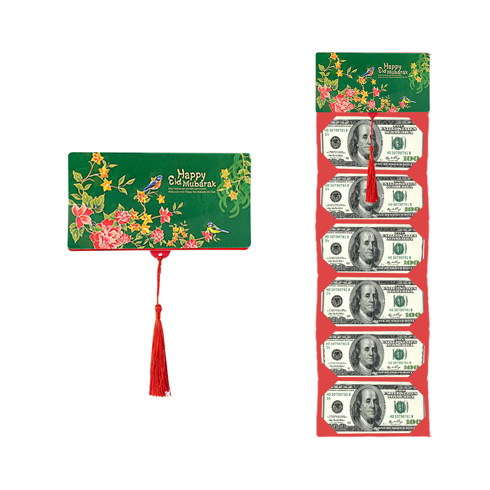 (grüne Blumen Und Vögel) (6 Kartenfächer) Roter Und Grüner Malaysischer Faltumschlag Mit Kreativem Schiebekartenfach - Geburtstagsumschlag