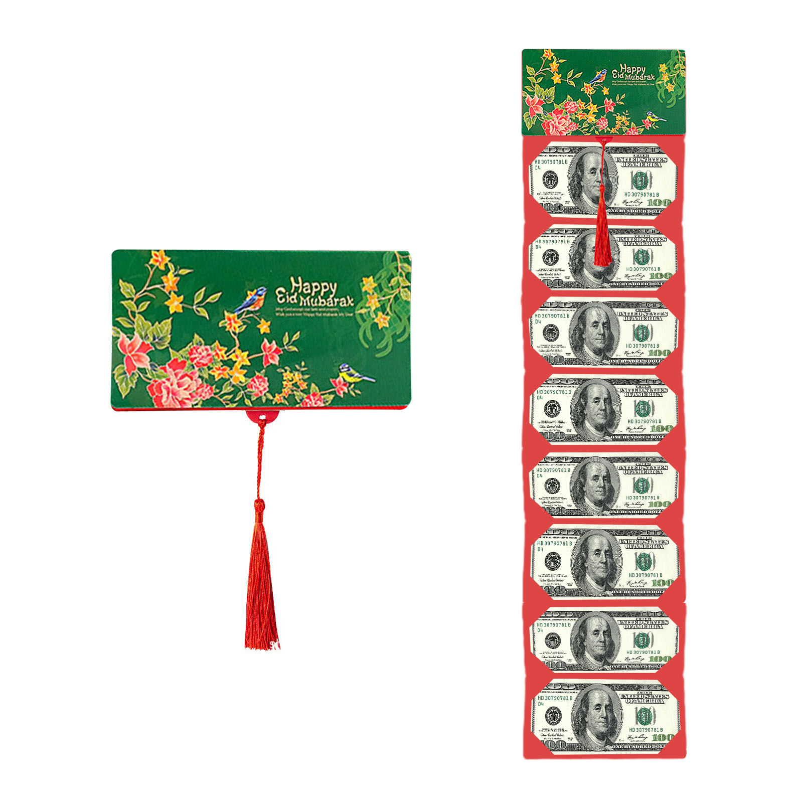 (grüne Blumen Und Vögel) (8 Kartenfächer) Roter Und Grüner Malaysischer Faltumschlag Mit Kreativem Schiebekartenfach - Geburtstagsumschlag
