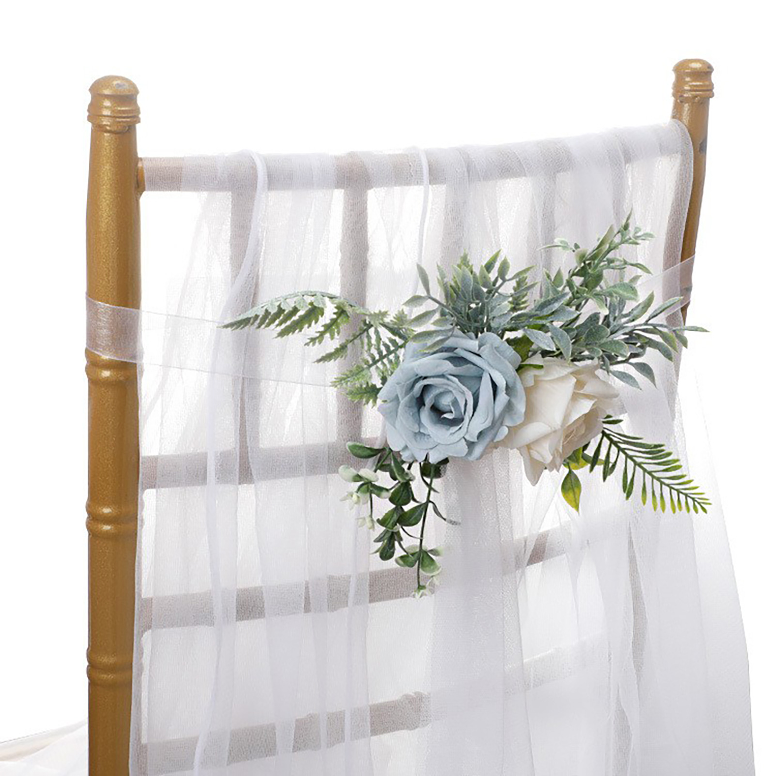 (set Aus 2 Weißen Netzstoffen, Je 1,5 M + 2 Blumenarrangements Für Stuhllehnen) (mo Lan) Künstlicher Rosenstrauß Im Waldstil Für Stuhllehnen Und Tischecken, Mit Netzstoff, Blumendekoration Für Den Tra