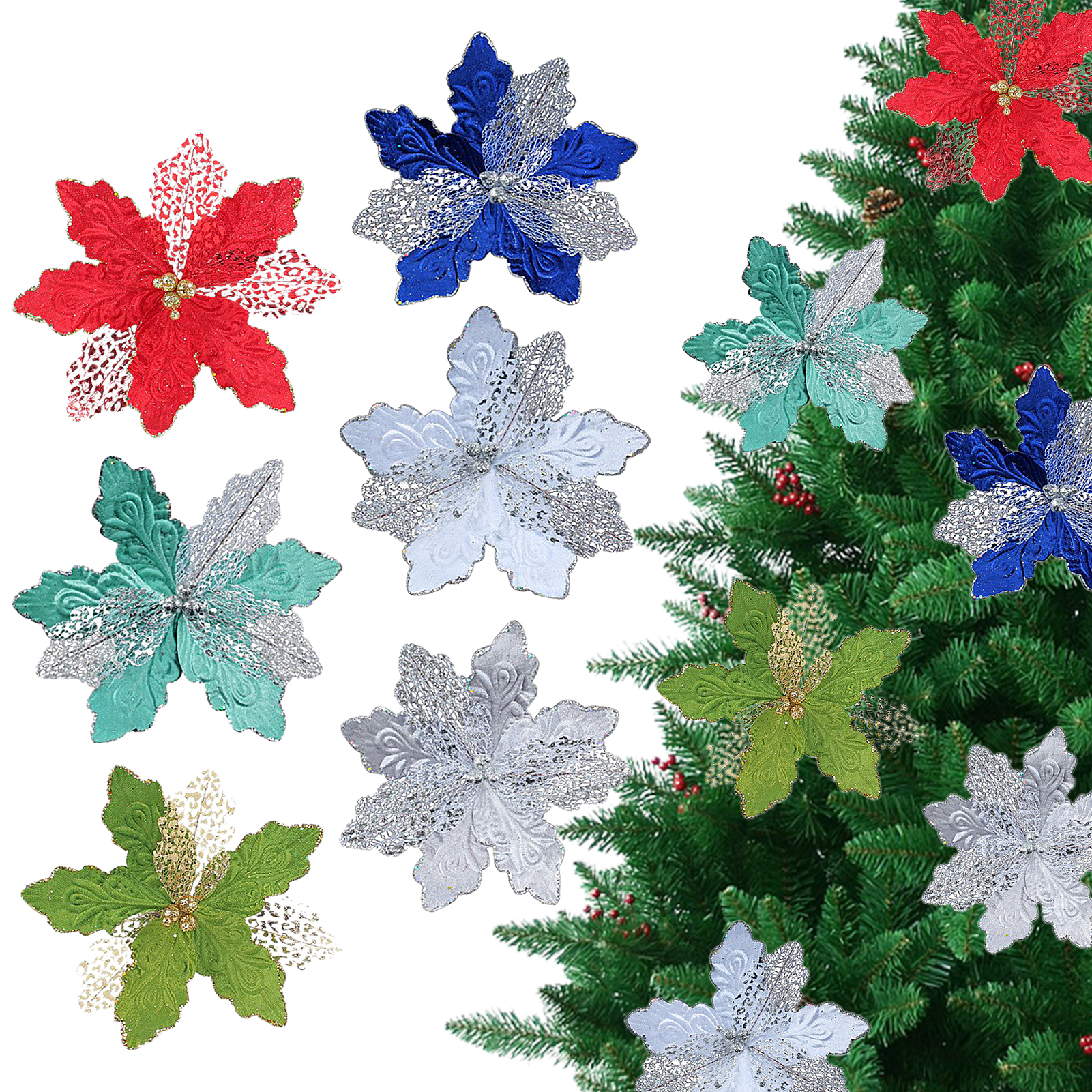 (weiß + Rot + Blau + Grün + Cyan + Silber: 6-farben-kombination) Glitzernder Weihnachtsblumenschmuck (6-teilig), Diy-weihnachtsbaum, Zubehör Für Hohle Blumenarrangements, Künstliche Blumenzweige
