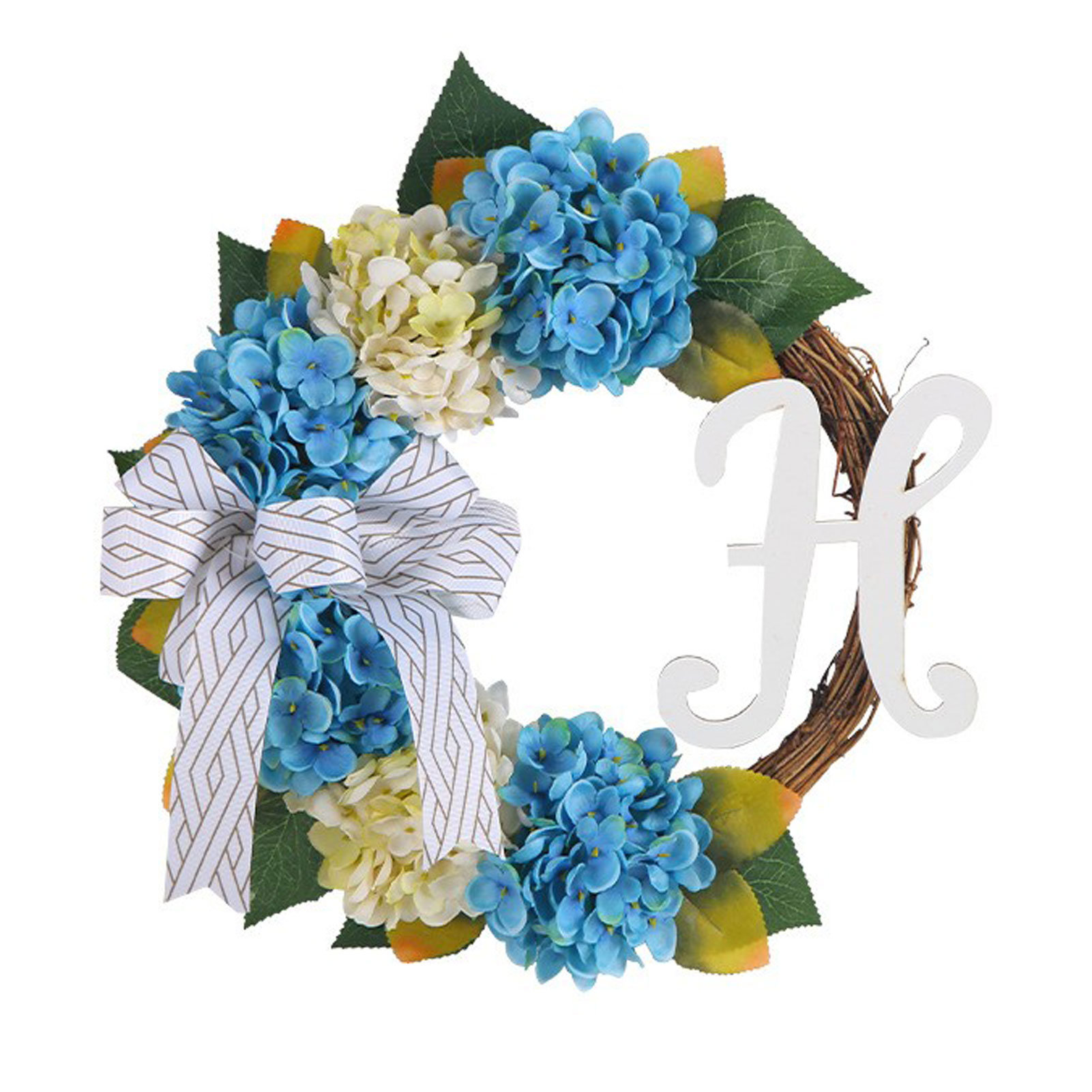 Blau-weißer Hortensienkranz (u3-37) Mit Getrockneten Zweigen Und Schleifen, Dekorationsaccessoires Für Hochzeiten Und Fotoshootings.
