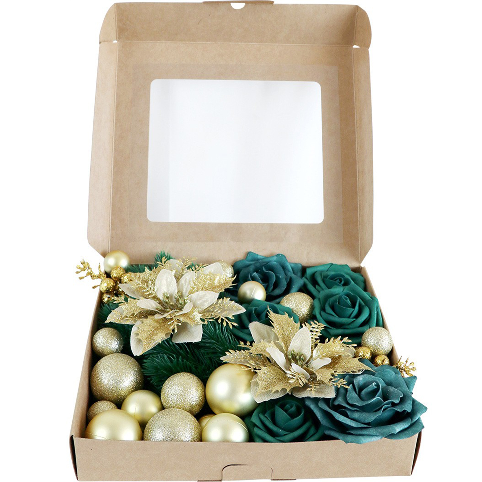 Weihnachts-kombinationsbox Mit Künstlichem Grün, Künstlichen Rosen Aus Seidenstoff Und Weihnachtskugeln