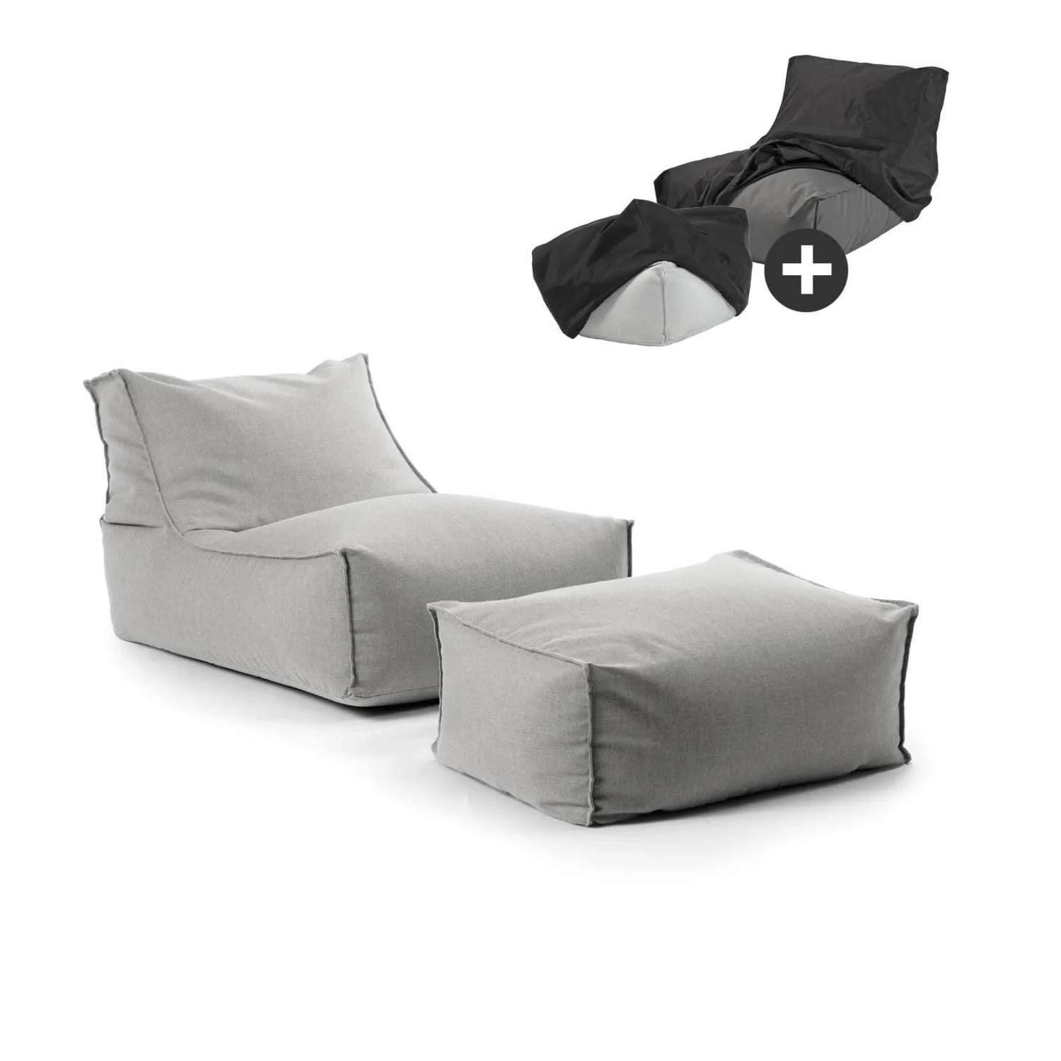 mokebo Outdoor Sitzsack und Pouf Der Sundowner Bean Bag mit Füllung und Hocker und Schutzhülle in Lichtgrau