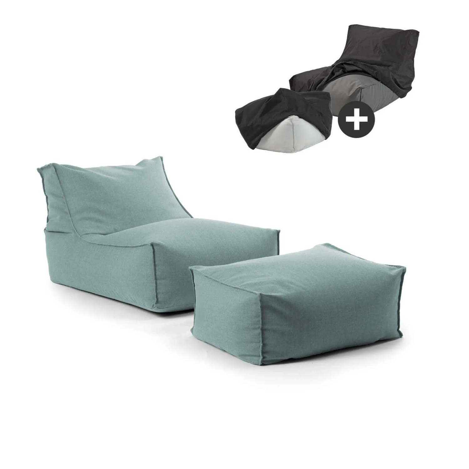 mokebo Outdoor Sitzsack und Pouf Der Sundowner Bean Bag mit Füllung und Hocker und Schutzhülle in Himmelgrau