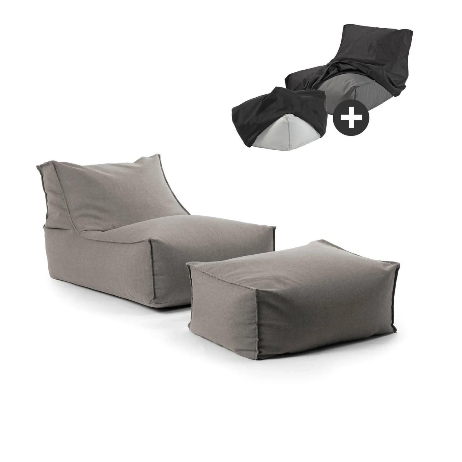 mokebo Outdoor Sitzsack und Pouf Der Sundowner Bean Bag mit Füllung und Hocker und Schutzhülle in Steingrau