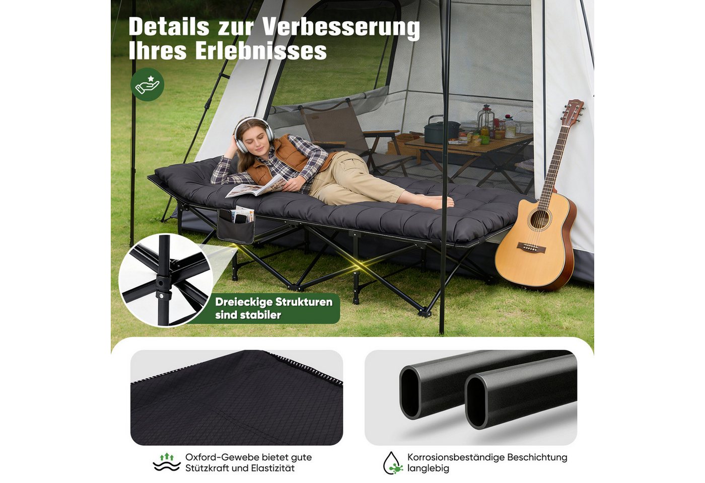 Sekey XXL Campingbett Klappbar Feldbett mit Matratze Grau 202 x 80 x 45 cm