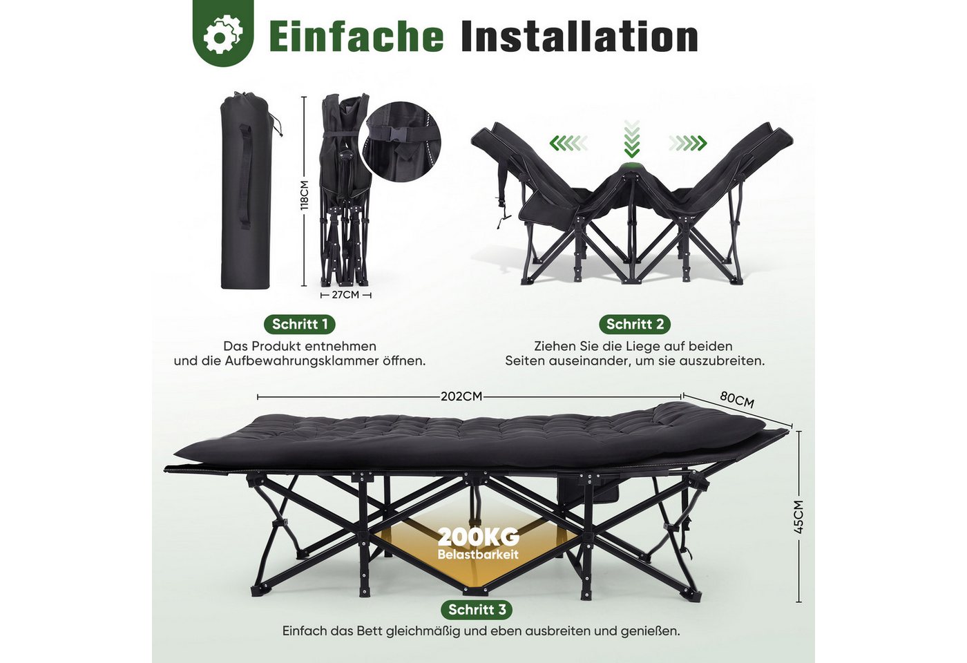 Sekey XXL Campingbett Klappbar Feldbett mit Matratze Grau 202 x 80 x 45 cm Bild 4