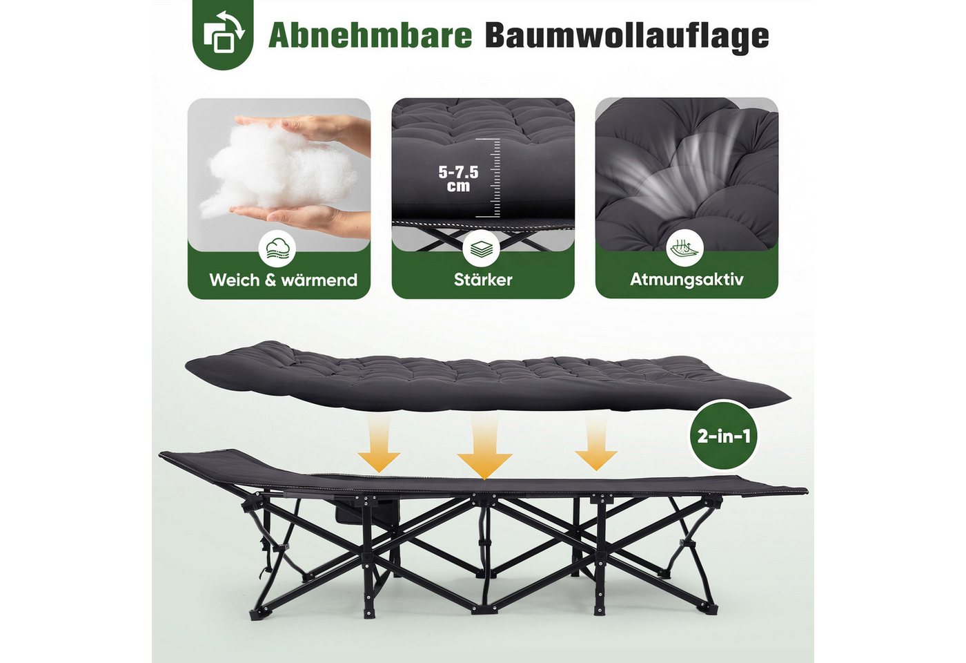 Sekey XXL Campingbett Klappbar Feldbett mit Matratze Grau 202 x 80 x 45 cm Bild 5
