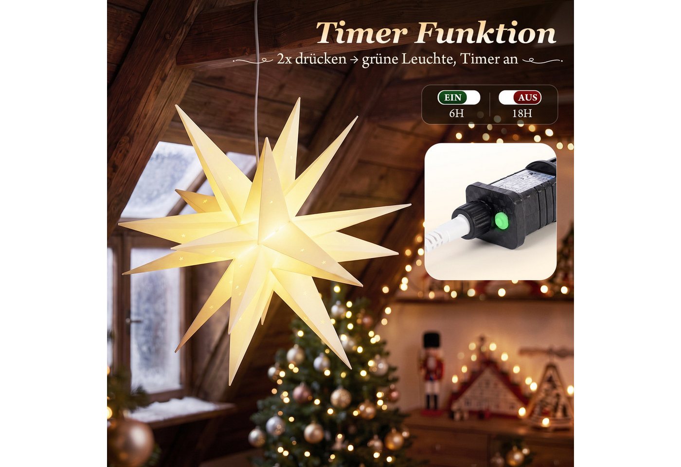 Salcar LED Dekolicht 3D Papierstern Beleuchtet LED Stern Weihnachtsdeko 45cm Warmweiß Bild 2