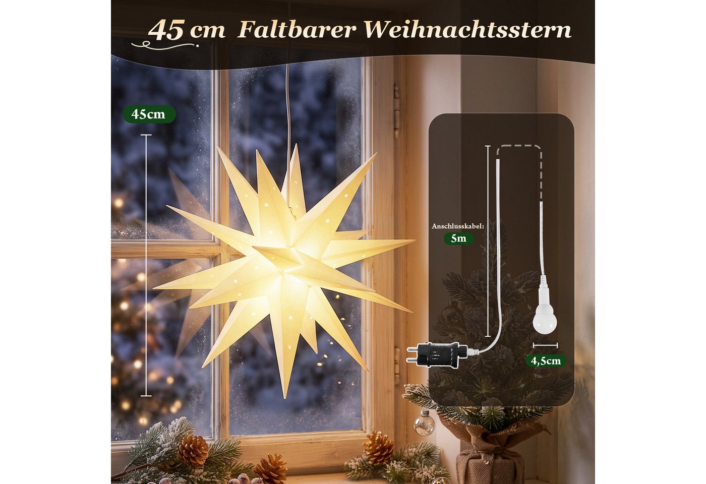 Salcar LED Dekolicht 3D Papierstern Beleuchtet LED Stern Weihnachtsdeko 45cm Warmweiß Bild 3
