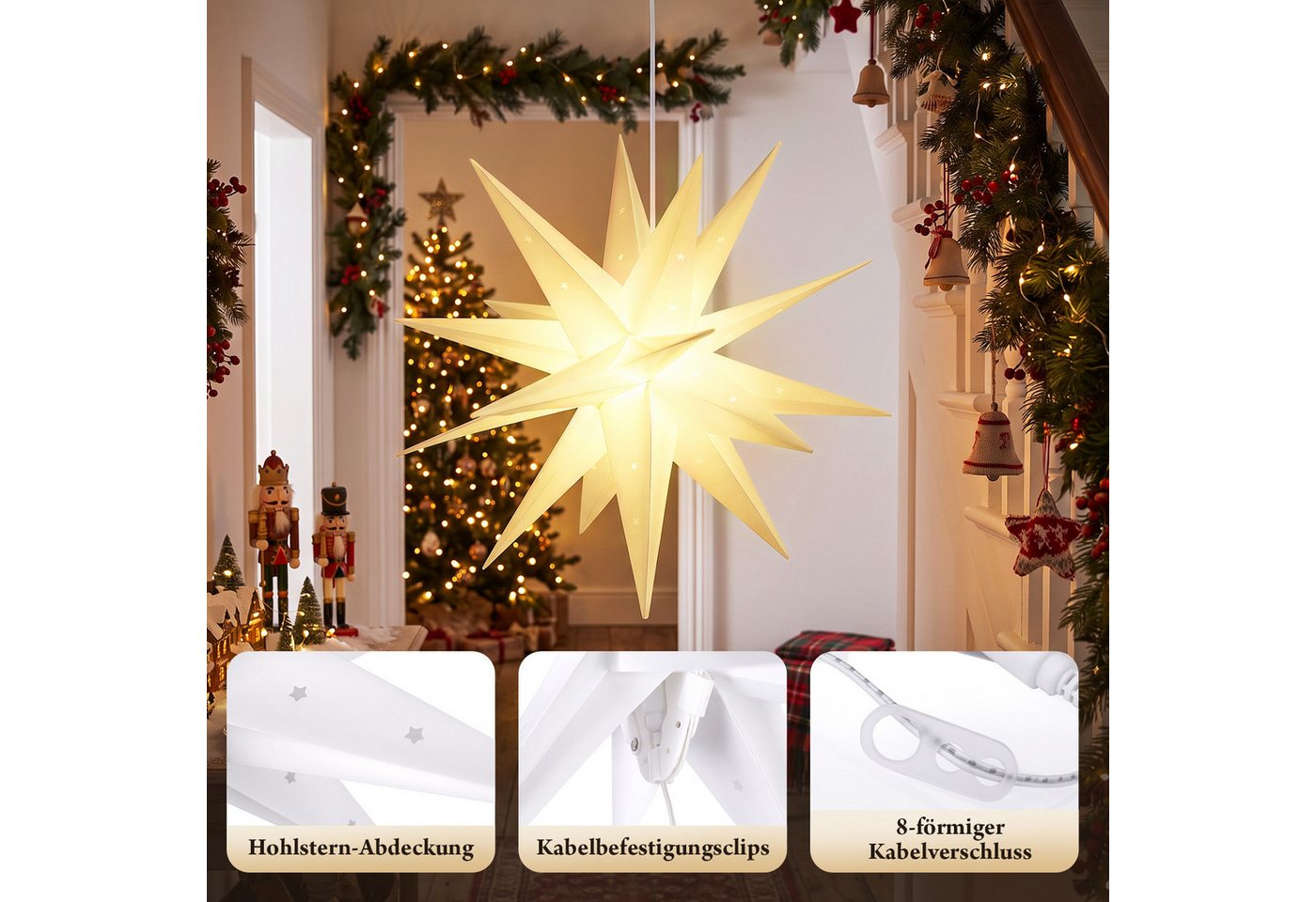 Salcar LED Dekolicht 3D Papierstern Beleuchtet LED Stern Weihnachtsdeko 45cm Warmweiß Bild 4
