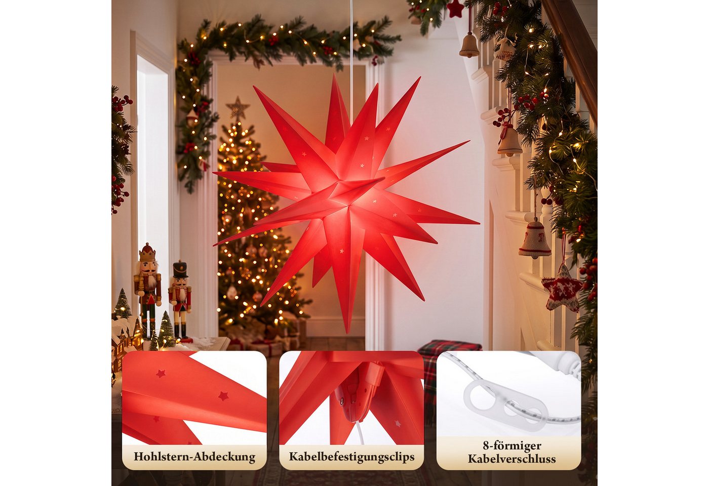 Salcar LED Dekolicht 3D Papierstern Beleuchtet LED Stern Weihnachtsdeko 45cm Rot