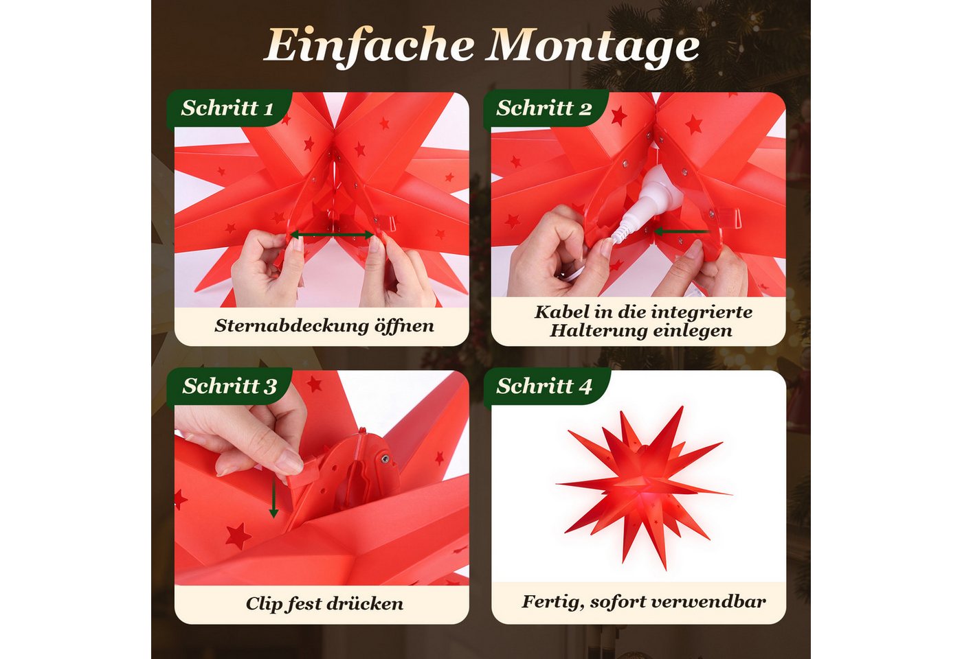 Salcar LED Dekolicht 3D Papierstern Beleuchtet LED Stern Weihnachtsdeko 45cm Rot Bild 2