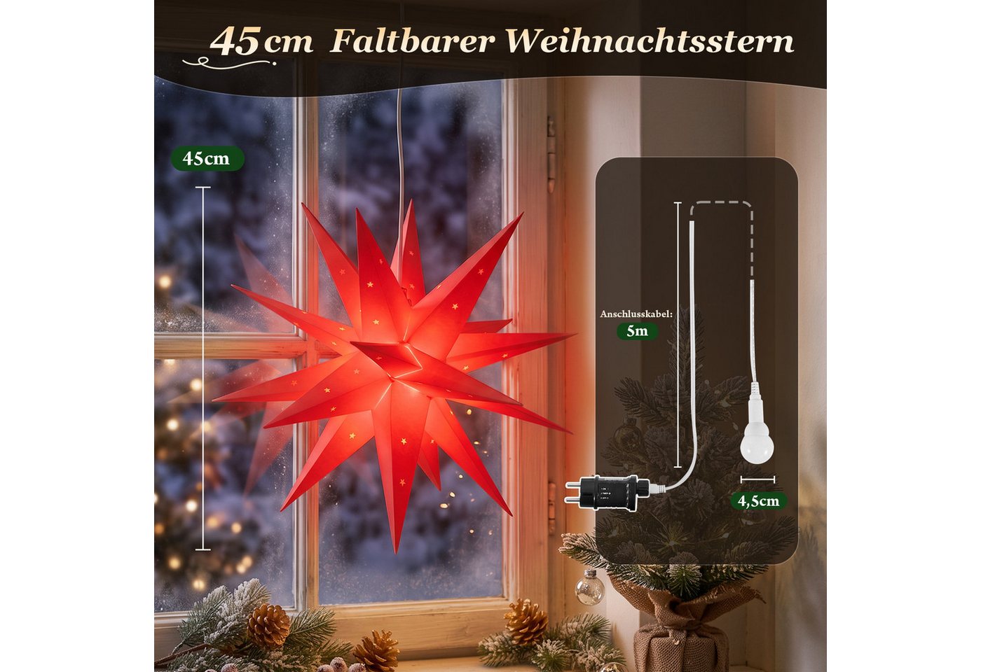 Salcar LED Dekolicht 3D Papierstern Beleuchtet LED Stern Weihnachtsdeko 45cm Rot Bild 3