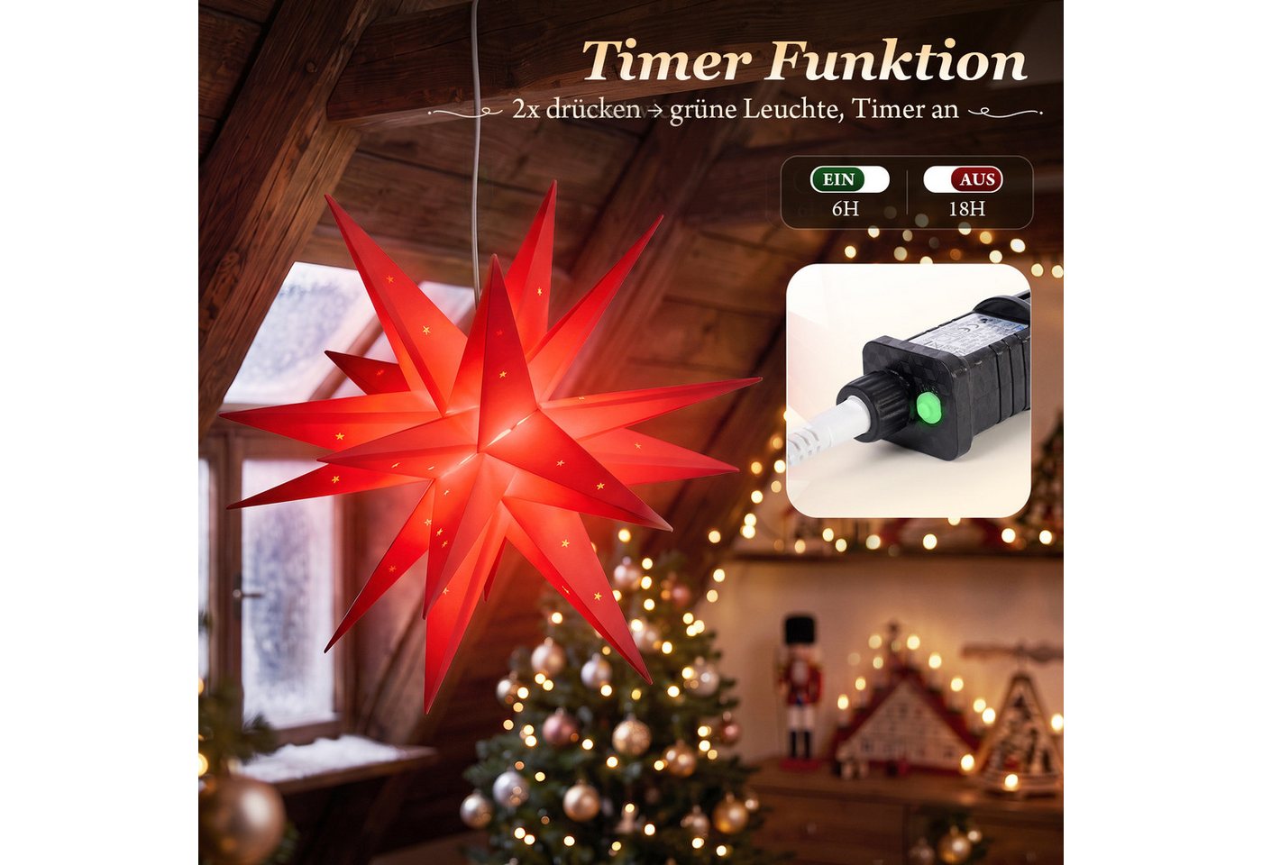 Salcar LED Dekolicht 3D Papierstern Beleuchtet LED Stern Weihnachtsdeko 45cm Rot Bild 5