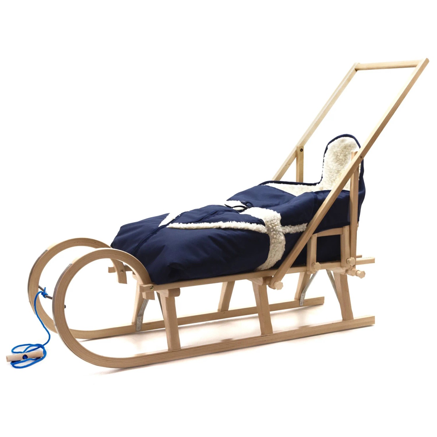 HolzFee Baran Baby Schlitten Holz 120 cm mit Fußsack Alaska Granatblau Lehne und Schieber