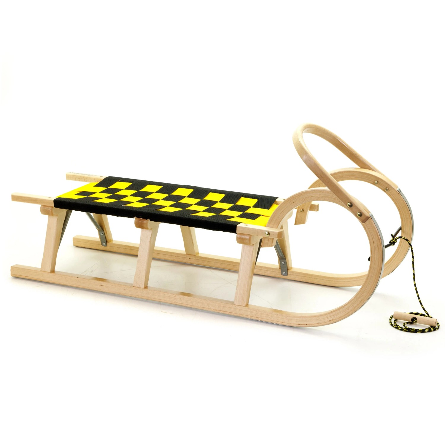HolzFee Baran S 110 S Plus Kinderschlitten Hörnerschlitten mit Haltegriff und Gurtsitz Schwarz Gelb