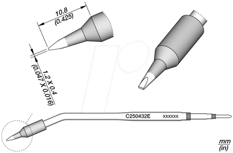 JBC C250432E - Lötspitze C250, Rundform, C250432E/Ø 1.2 mm, Meißelform