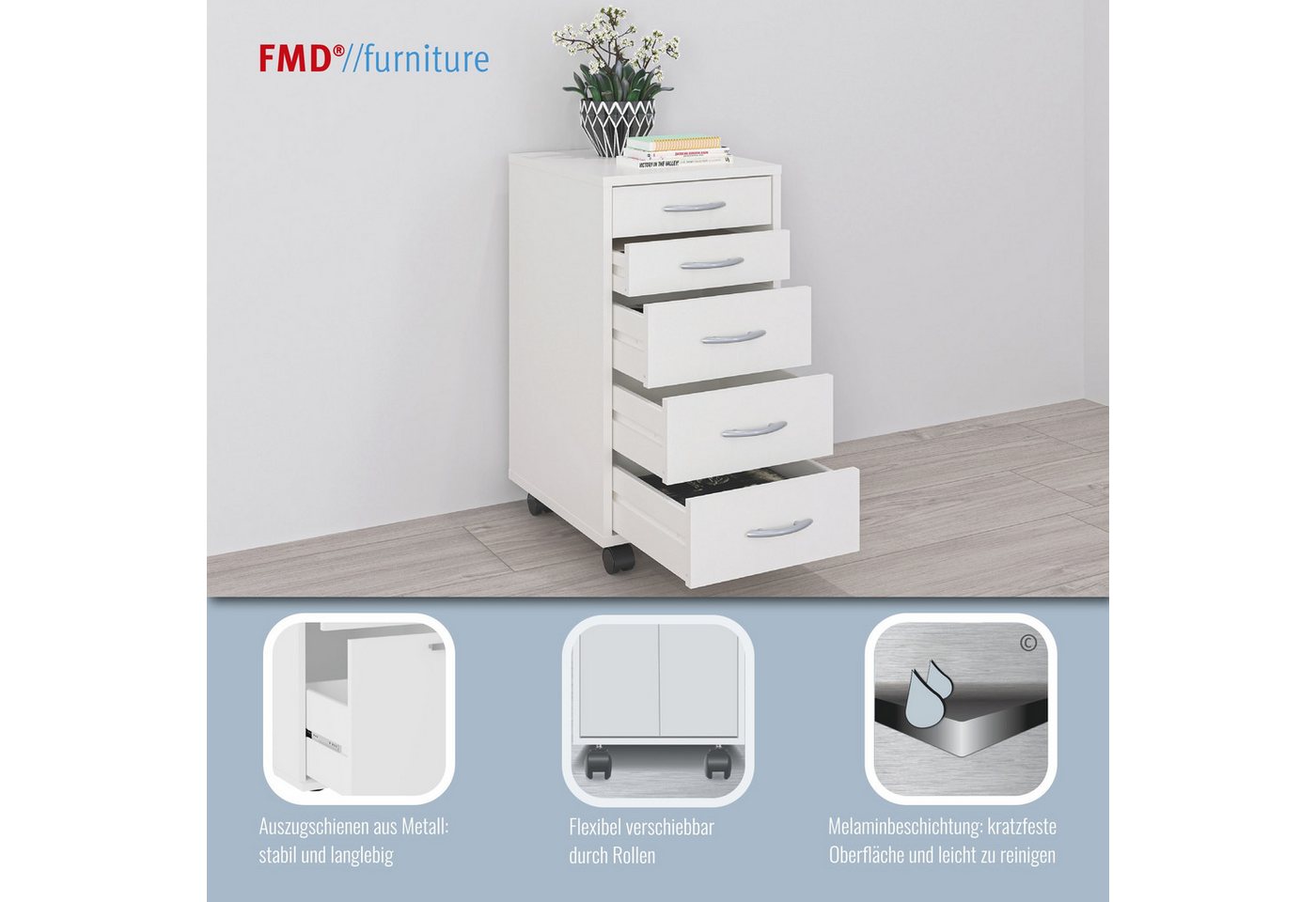 FMD Rollcontainer Freddy, Büroaufbwahrung mit 5 Schubkästen auf Rollen, Höhe 63 cm Bild 2