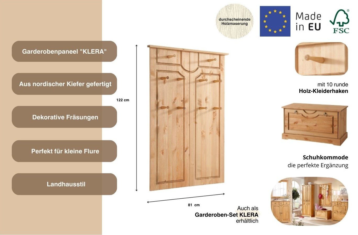 OTTO home Garderobenpaneel Klera, mit dekorativen Fräsungen, Kiefer, Landhausstil (Made in Europe), Mit 10 Kleiderhaken, aus massiver Kiefer Bild 4