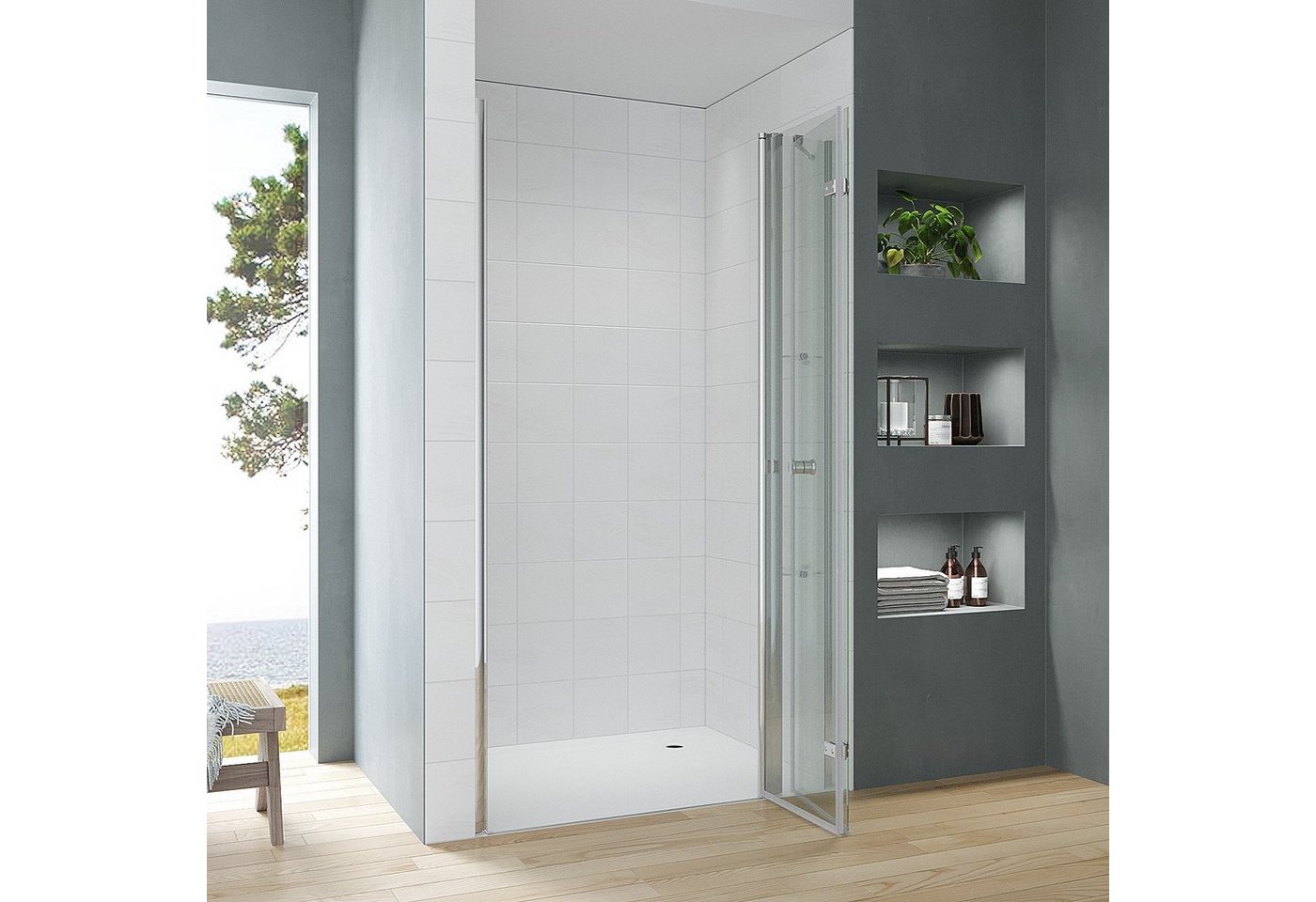AQUABATOS Dusch-Falttür Begehbare Dusche faltbar Duschtür in Nische mit Festteil Nischentür, 110x187 cm, Einscheiben-Sicherheitsglas (ESG) 5 mm