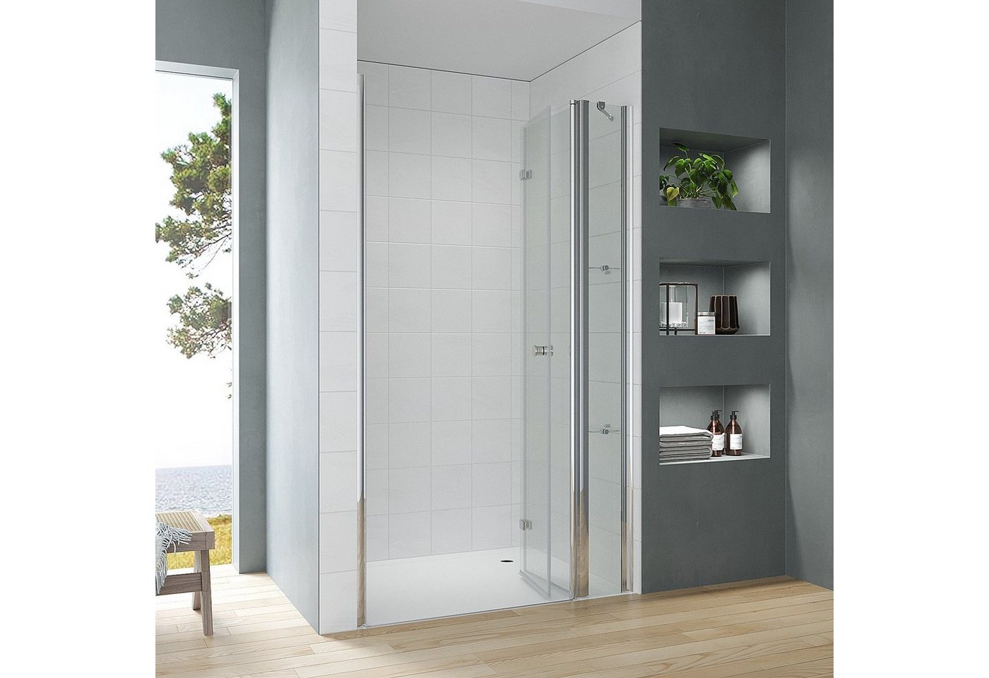 AQUABATOS Dusch-Falttür Begehbare Dusche faltbar Duschtür in Nische mit Festteil Nischentür, 110x187 cm, Einscheiben-Sicherheitsglas (ESG) 5 mm Bild 2