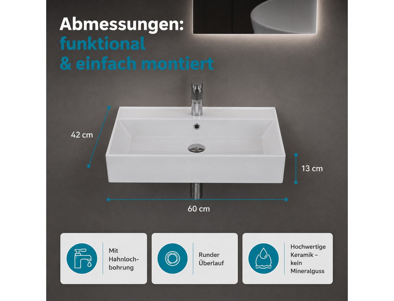 Aqua Bagno Waschbecken Aqua Bagno Keramik Waschtisch Waschbecken 60cm Möbel Aufsatz Wand (Einzel, ohne Armatur u. Ablaufgarnitur), Hänge- Aufsatzwaschbecken mit Hahnloch
