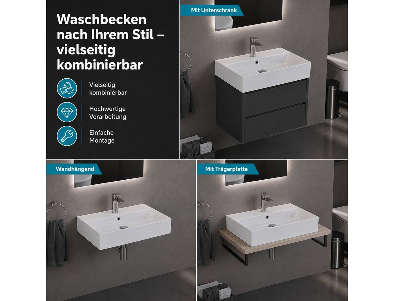 Aqua Bagno Waschbecken Aqua Bagno Keramik Waschtisch Waschbecken 60cm Möbel Aufsatz Wand (Einzel, ohne Armatur u. Ablaufgarnitur), Hänge- Aufsatzwaschbecken mit Hahnloch Bild 2