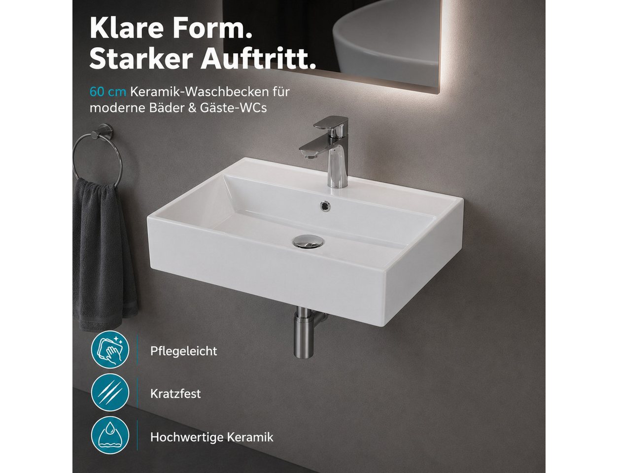 Aqua Bagno Waschbecken Aqua Bagno Keramik Waschtisch Waschbecken 60cm Möbel Aufsatz Wand (Einzel, ohne Armatur u. Ablaufgarnitur), Hänge- Aufsatzwaschbecken mit Hahnloch Bild 3