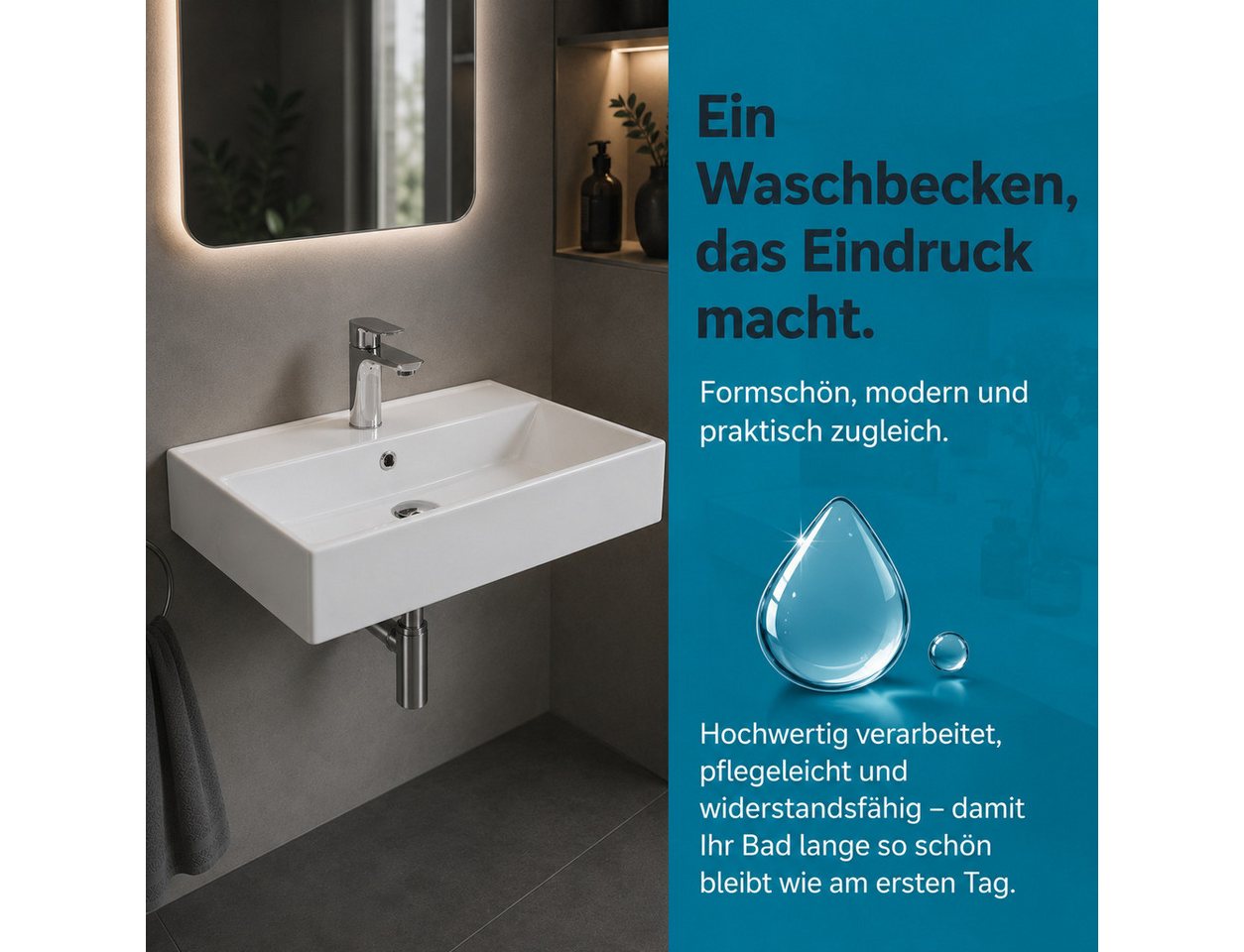 Aqua Bagno Waschbecken Aqua Bagno Keramik Waschtisch Waschbecken 60cm Möbel Aufsatz Wand (Einzel, ohne Armatur u. Ablaufgarnitur), Hänge- Aufsatzwaschbecken mit Hahnloch Bild 4