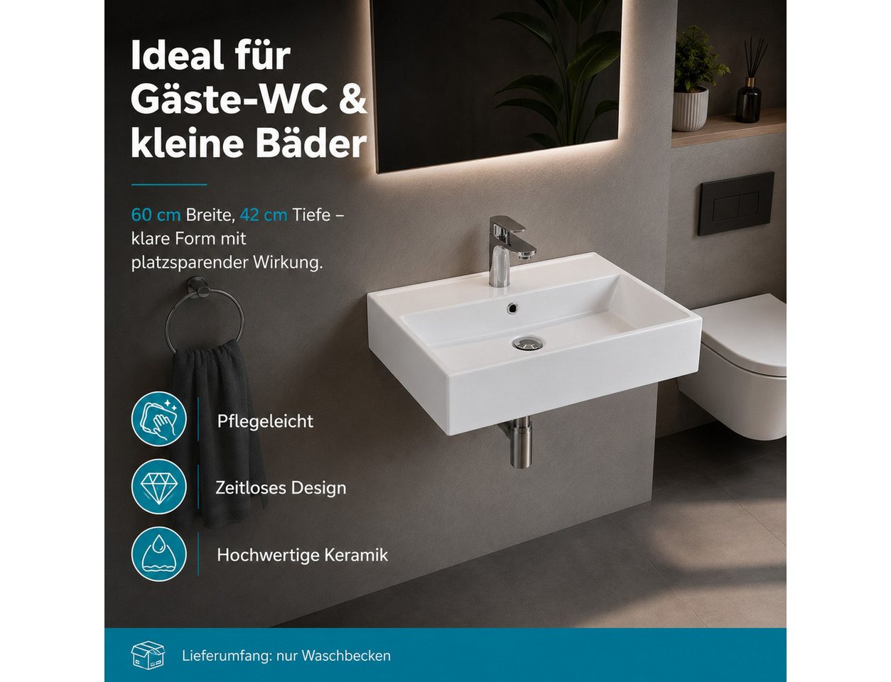 Aqua Bagno Waschbecken Aqua Bagno Keramik Waschtisch Waschbecken 60cm Möbel Aufsatz Wand (Einzel, ohne Armatur u. Ablaufgarnitur), Hänge- Aufsatzwaschbecken mit Hahnloch Bild 5