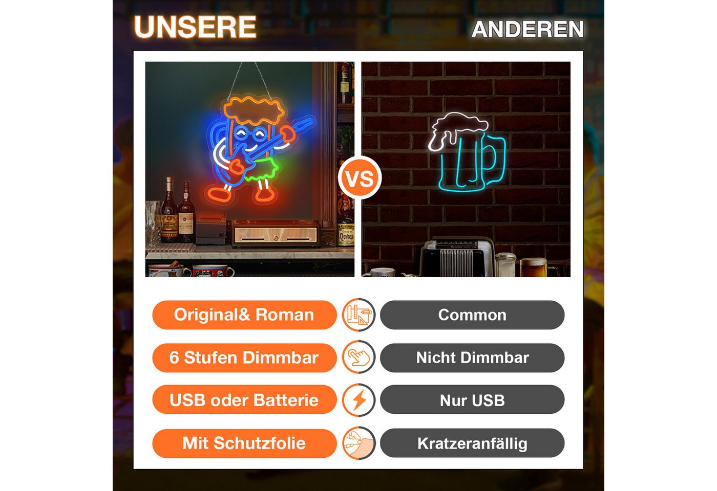 Laybasic Nachtlicht Beer Neon Schilder, 6 Helligkeit Einstellen, USB Batterie Gepierct, 35.5×36cm,für Club Party Spielzimmer