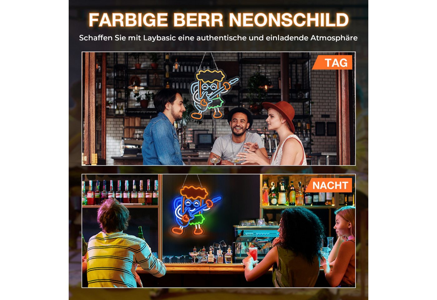 Laybasic Nachtlicht Beer Neon Schilder, 6 Helligkeit Einstellen, USB Batterie Gepierct, 35.5×36cm,für Club Party Spielzimmer Bild 2