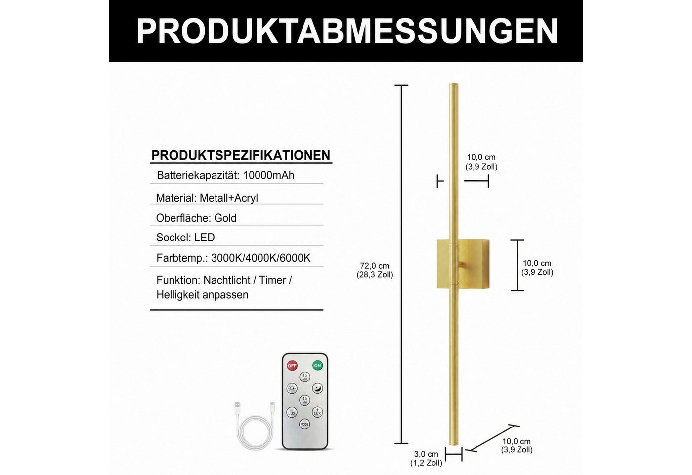 LOHAS-LED Wandleuchte Akku LED Wandleuchte Linear Gold 72 cm, 3 CCT dimmbar, Nachtlicht / Timer / Helligkeit anpassen, LED fest integriert, Warmweiß, Tagesweiß, Kaltweiß, Touch & Fernbedienung, 10000mAh Batterie Bild 5