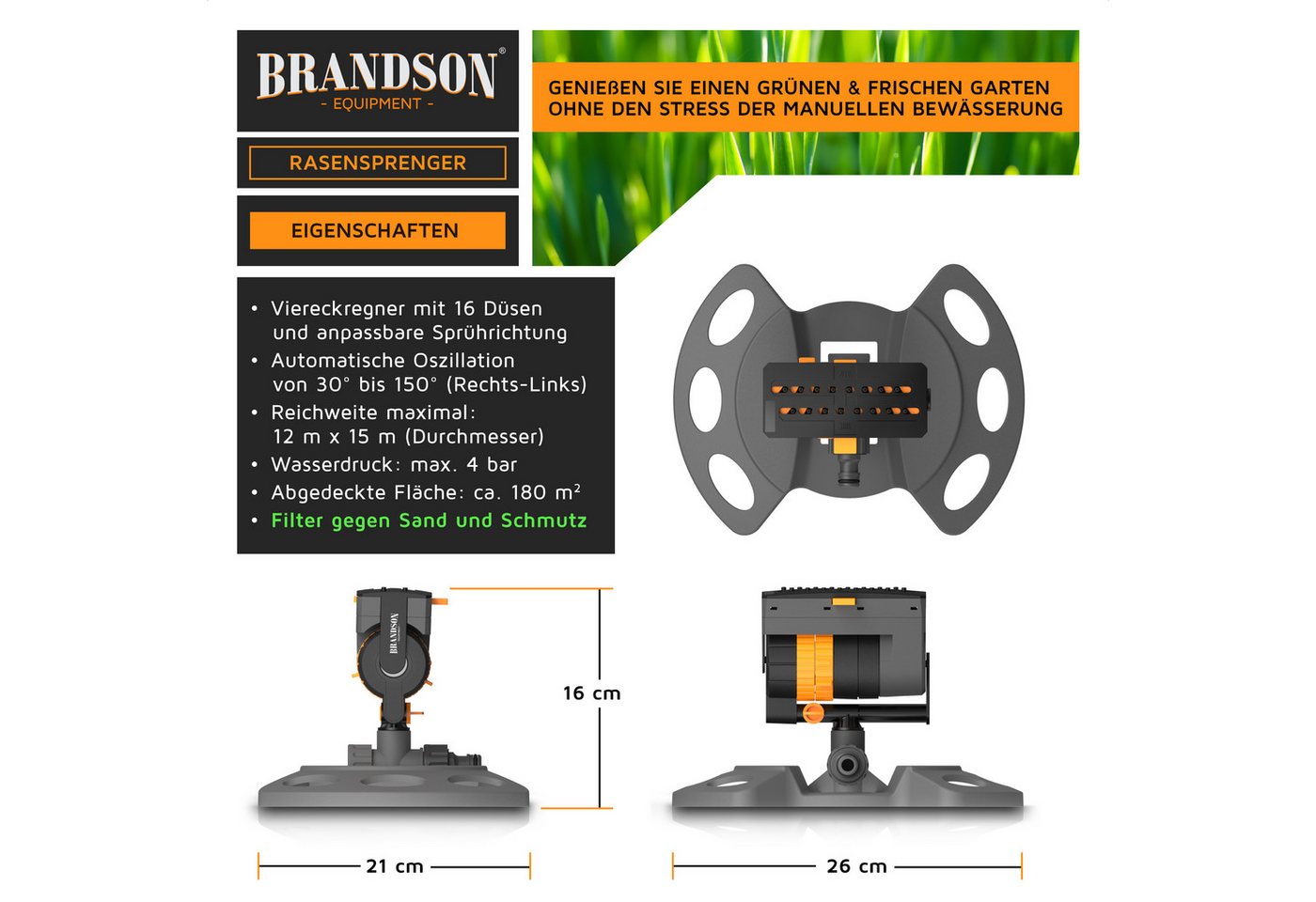 Brandson Viereckregner Garten Sprinkler, Oszillationsregner 16 Düsen, Rasensprenger rotierend, für Flächen bis 180 m², (1-St), Wasserstrahl stufenlos einstellbar, ¾“ Rasensprinkler für große Fläche Bild 2